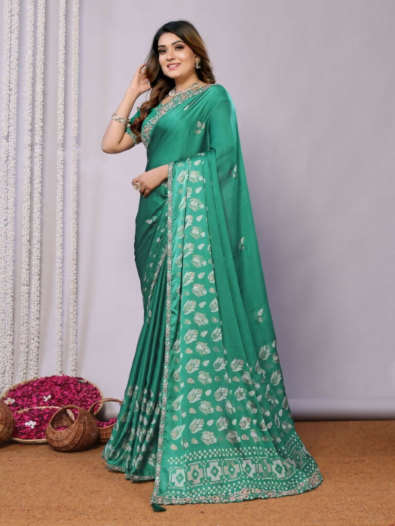 Green Gajji Silk Cord Jari Thread Stone Sequence Saree - Norita Saumya