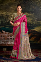 Vastranavya Pink Silk Madhubani & Bandhej Fusion Print Saree with Unstitched Blouse