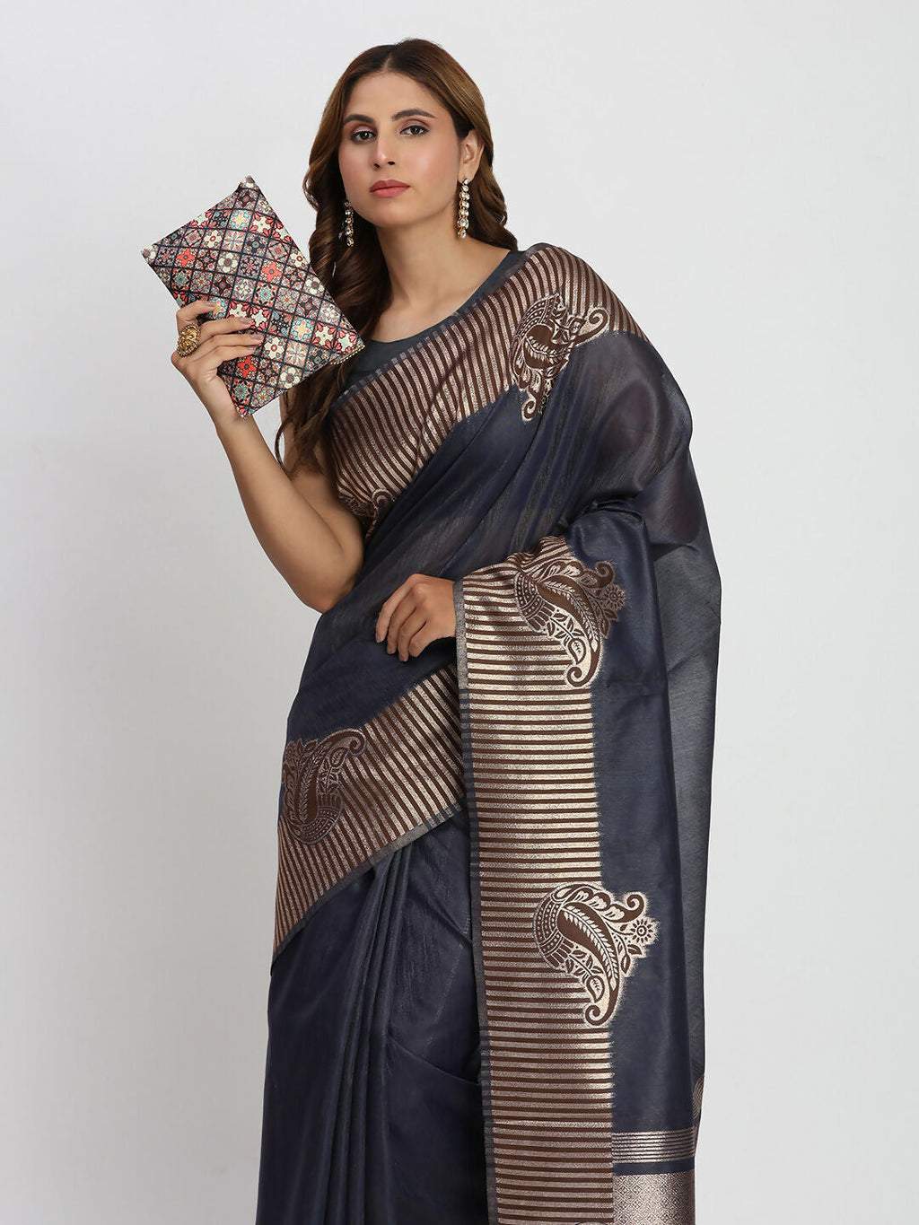 Shree Shyam Fashion Linen Cotton Navy Blue Saree - Distacart