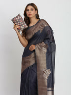 Shree Shyam Fashion Linen Cotton Navy Blue Saree - Distacart