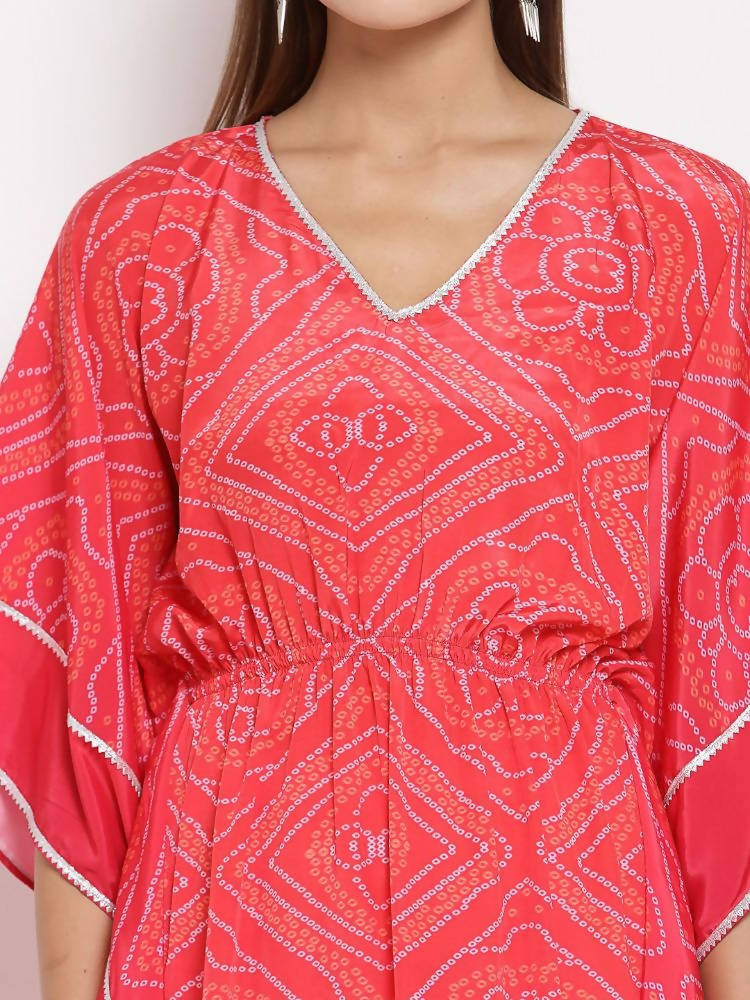 Myshka Women's Pink Cotton Printed 3/4 Sleeve V Neck Casual Kaftan