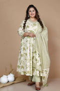 Miravan Women's Plus Size Green Printed Anarkali Kurta With Palazzo And Dupatta