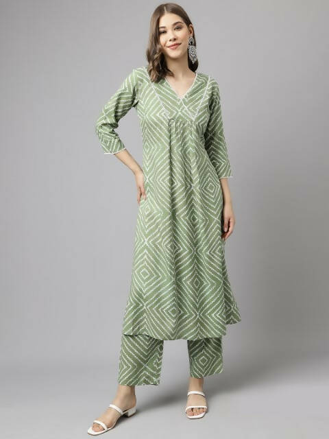 FIORRA Women's Green Cotton A-Line Kurta Set