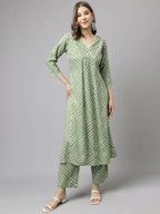 FIORRA Women's Green Cotton A-Line Kurta Set