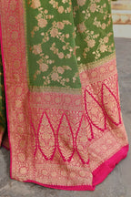 Joban Fashion Green Crepe Chiffon Pure Handloom Banarasi Silk Saree