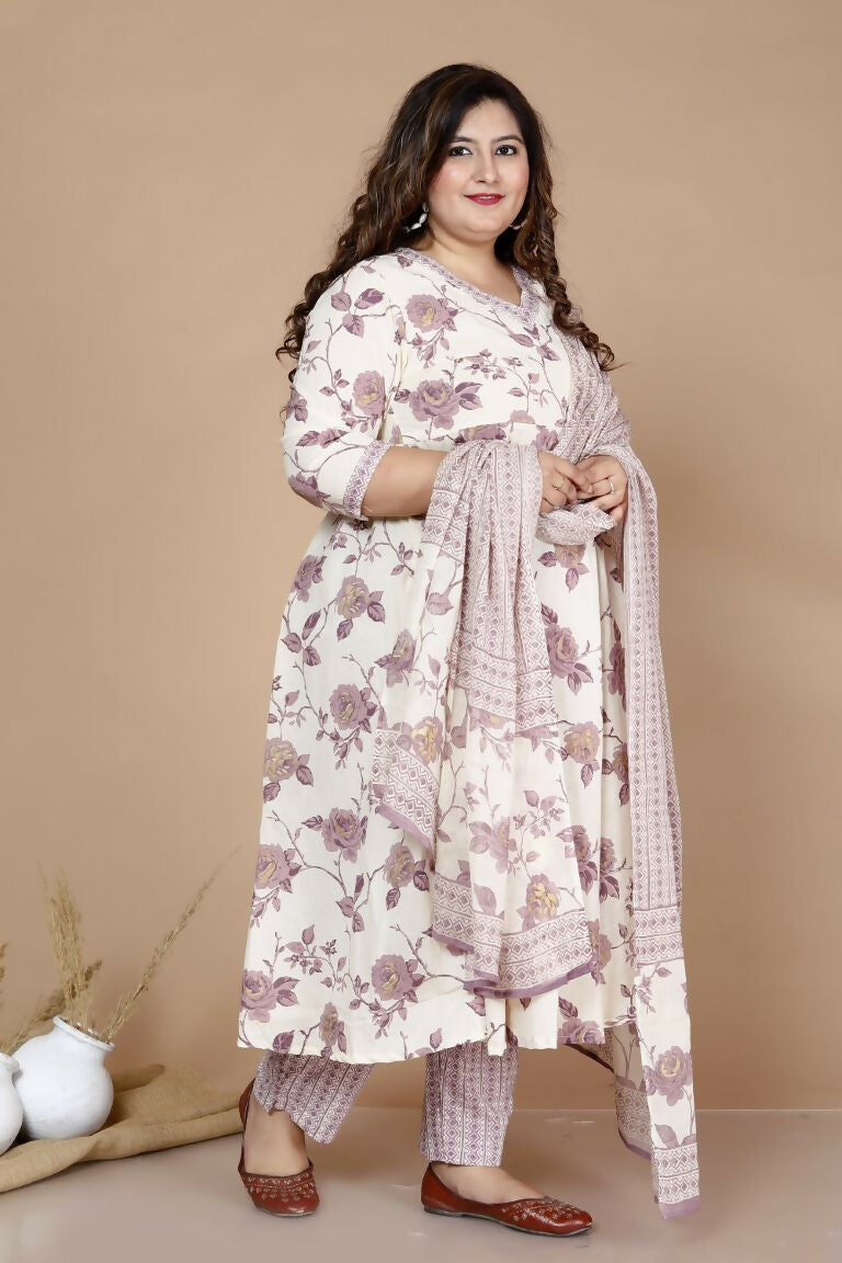 Miravan Women's Plus Size Pink Floral Print Anarkali Kurta With Palazzo & Dupatta Set