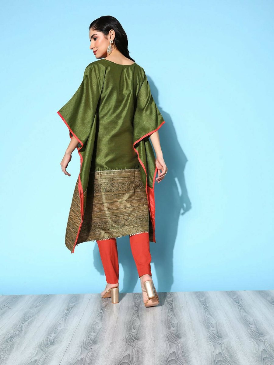 Ahalyaa Women Mehendi Poly Silk Gold Printed Kaftan Kurta - Distacart