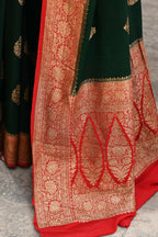 Joban Fashion Emerald Green Crepe Chiffon Pure Handloom Banarasi Silk Saree
