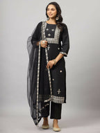 Juniper Women's Black Chinnon Solid Embroidered Kurta Set - Distacart