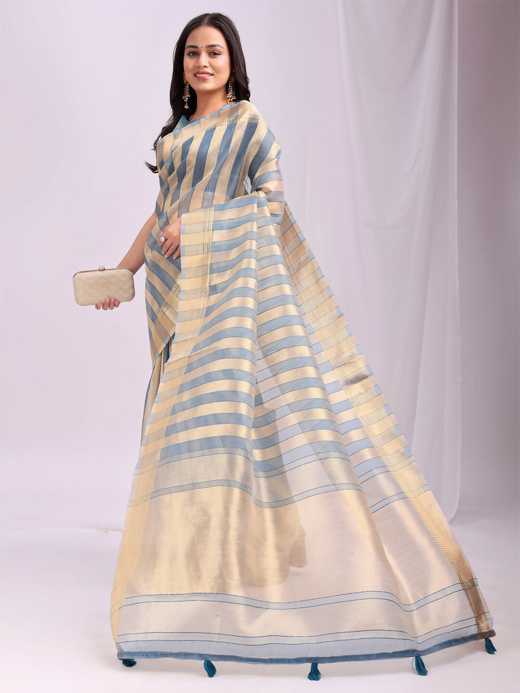 Shree Shyam Fashion Organza Sky Blue Saree - Distacart