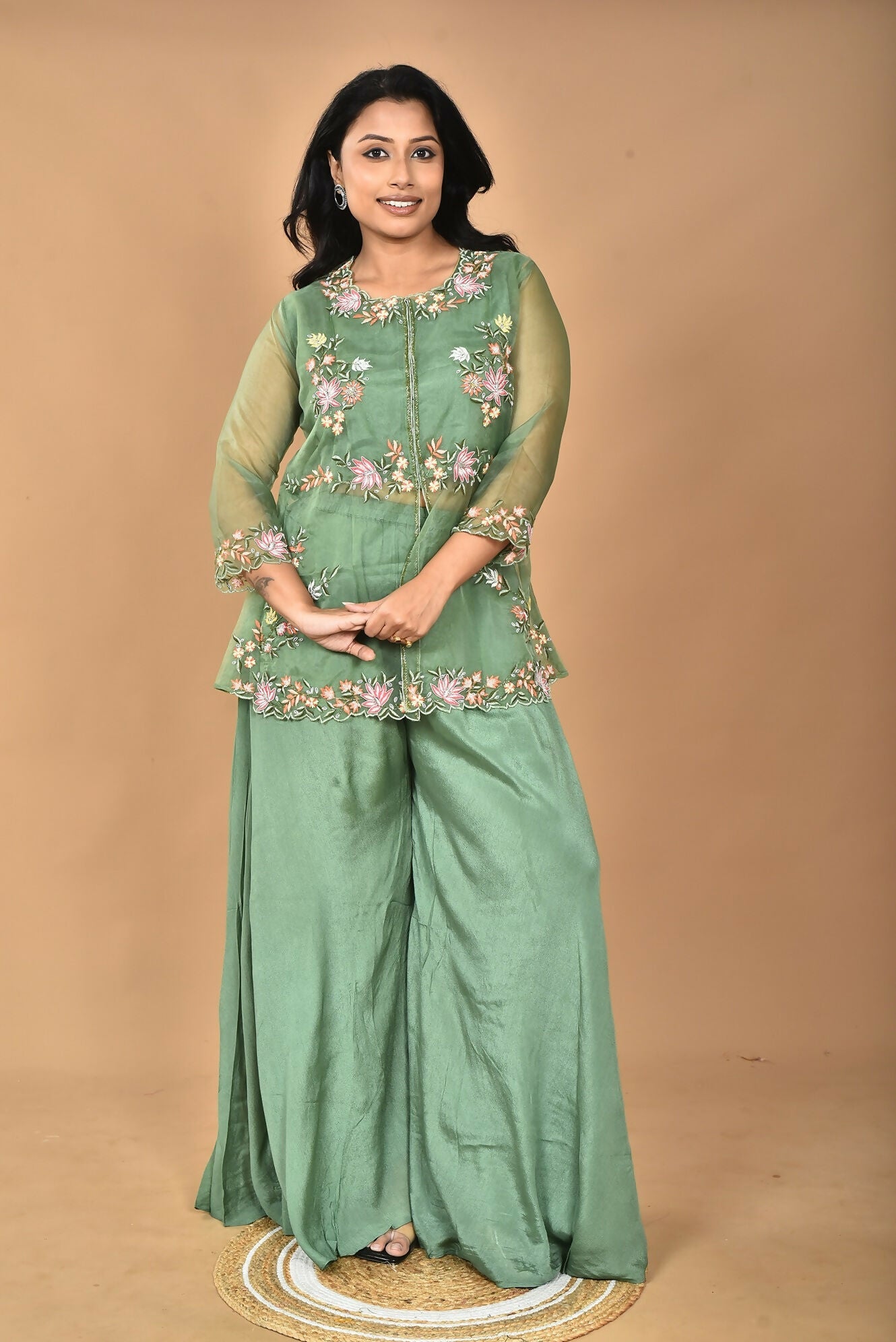 Morchari Women And Hand Embroidery Palazzo Set-Green