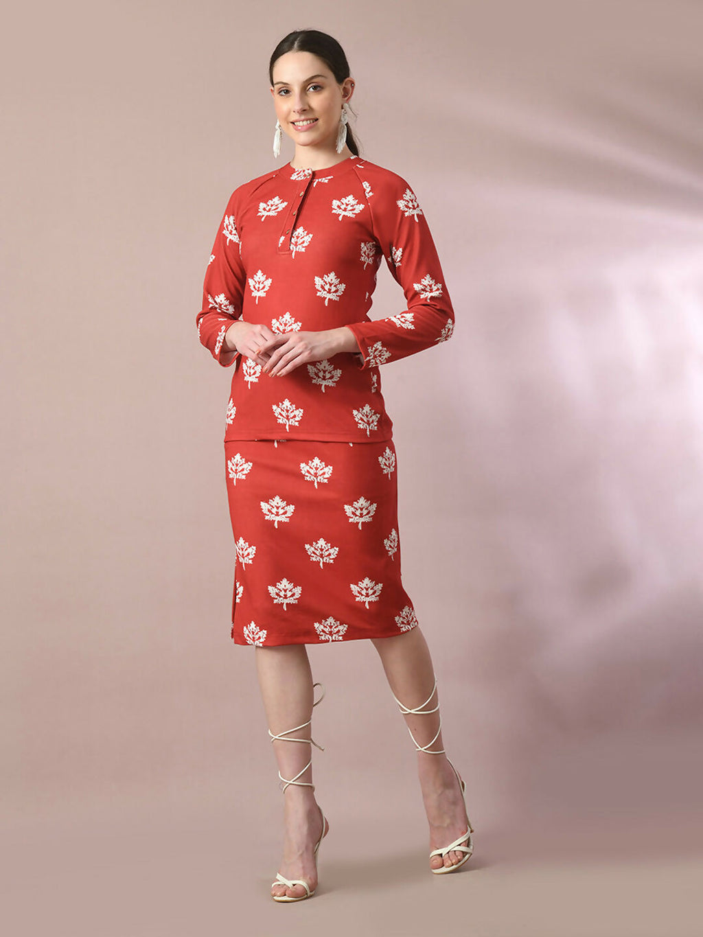 Myshka Women's Rust Printed Knee Length Party Embellished Skirts