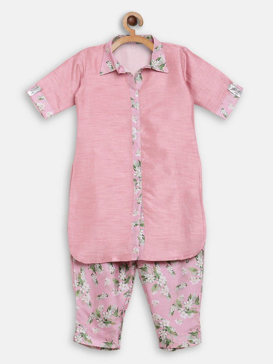 Ahalyaa Pink Poly Silk Solid Kids Kurta with Printed Pant Set For Girls