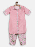 Ahalyaa Pink Poly Silk Solid Kids Kurta with Printed Pant Set For Girls