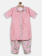 Ahalyaa Pink Poly Silk Solid Kids Kurta with Printed Pant Set For Girls