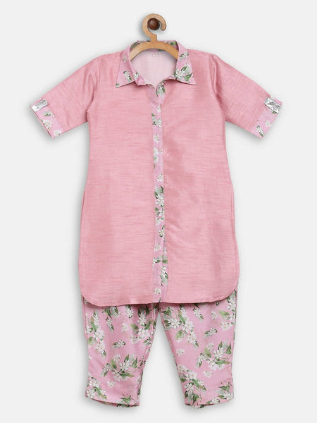 Ahalyaa Pink Poly Silk Solid Kids Kurta with Printed Pant Set For Girls