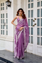 Vastranavya Lavender Embroidery Work Shimmer Chiffon Saree with Unstitched Blouse - Distacart
