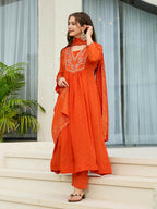 The52 Orange Women's Gorgeous Embroidered Chinon Fabric Flared Kurta Pant and Dupatta Set - Distacart