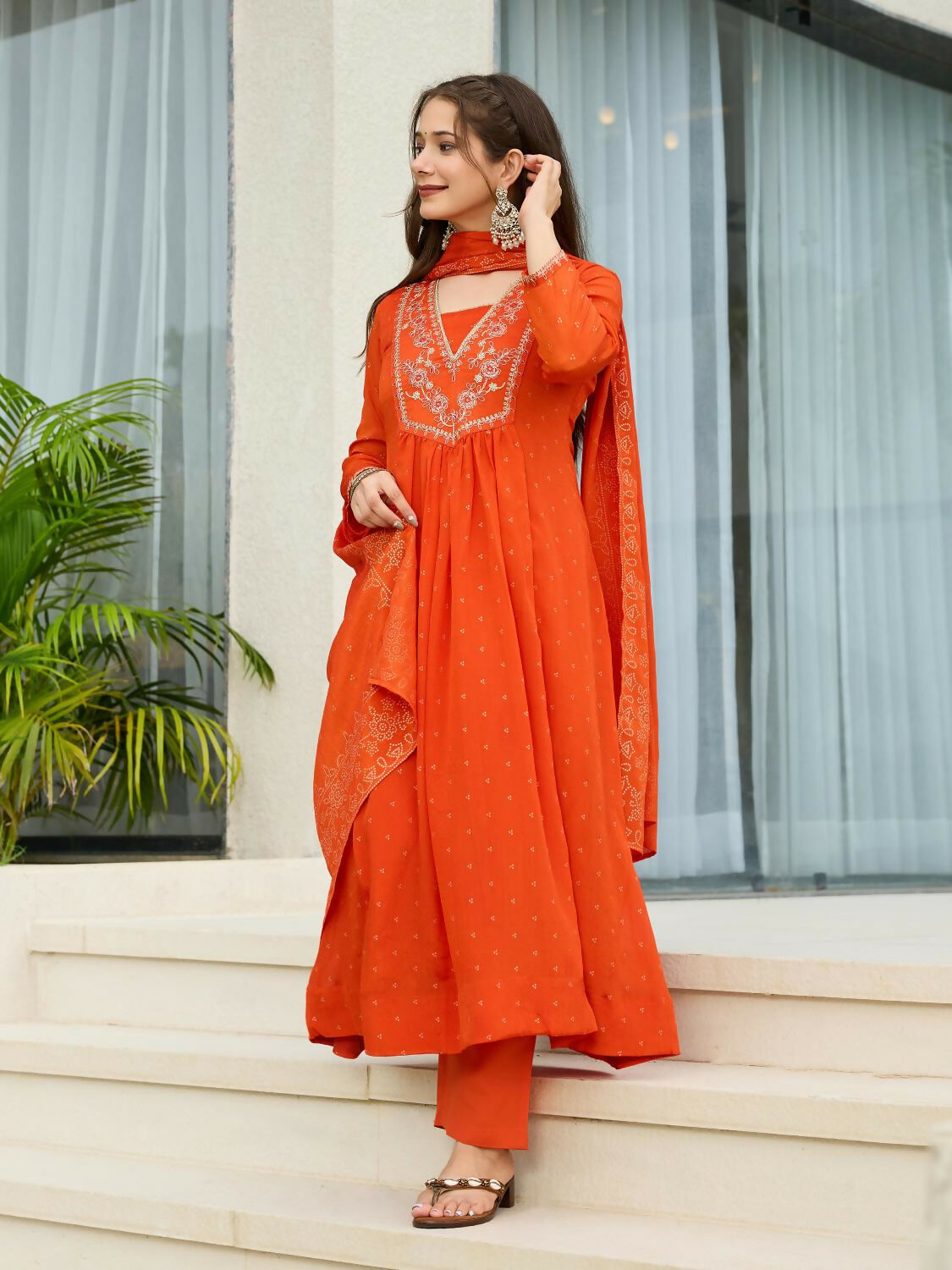 The52 Orange Women's Gorgeous Embroidered Chinon Fabric Flared Kurta Pant and Dupatta Set - Distacart