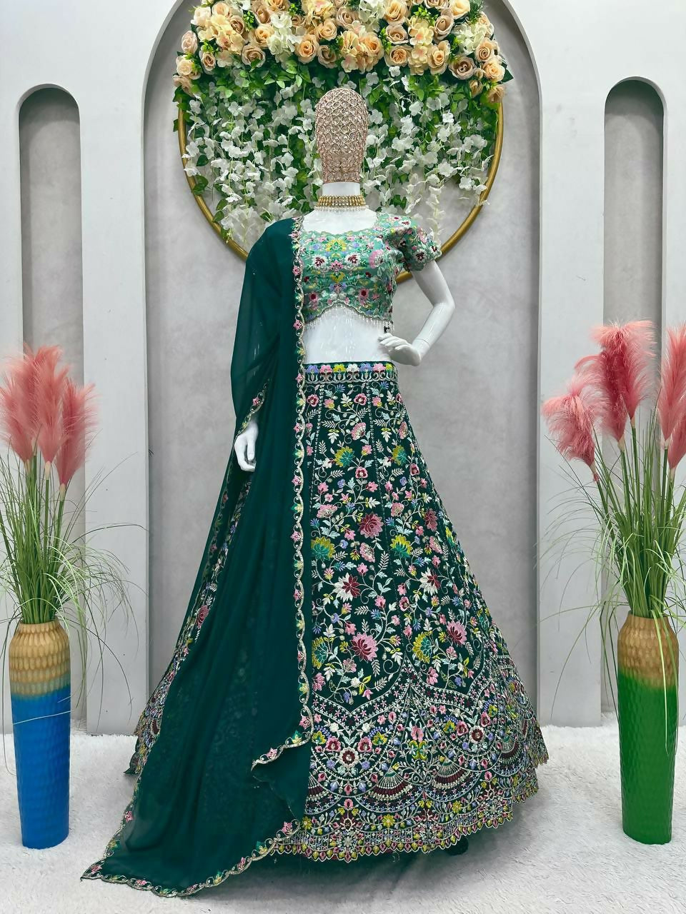 Jyoti Fashion Women's Bottle Green Faux Georgette Sequins with Thread Embroidered Designer Lehenga Choli Set