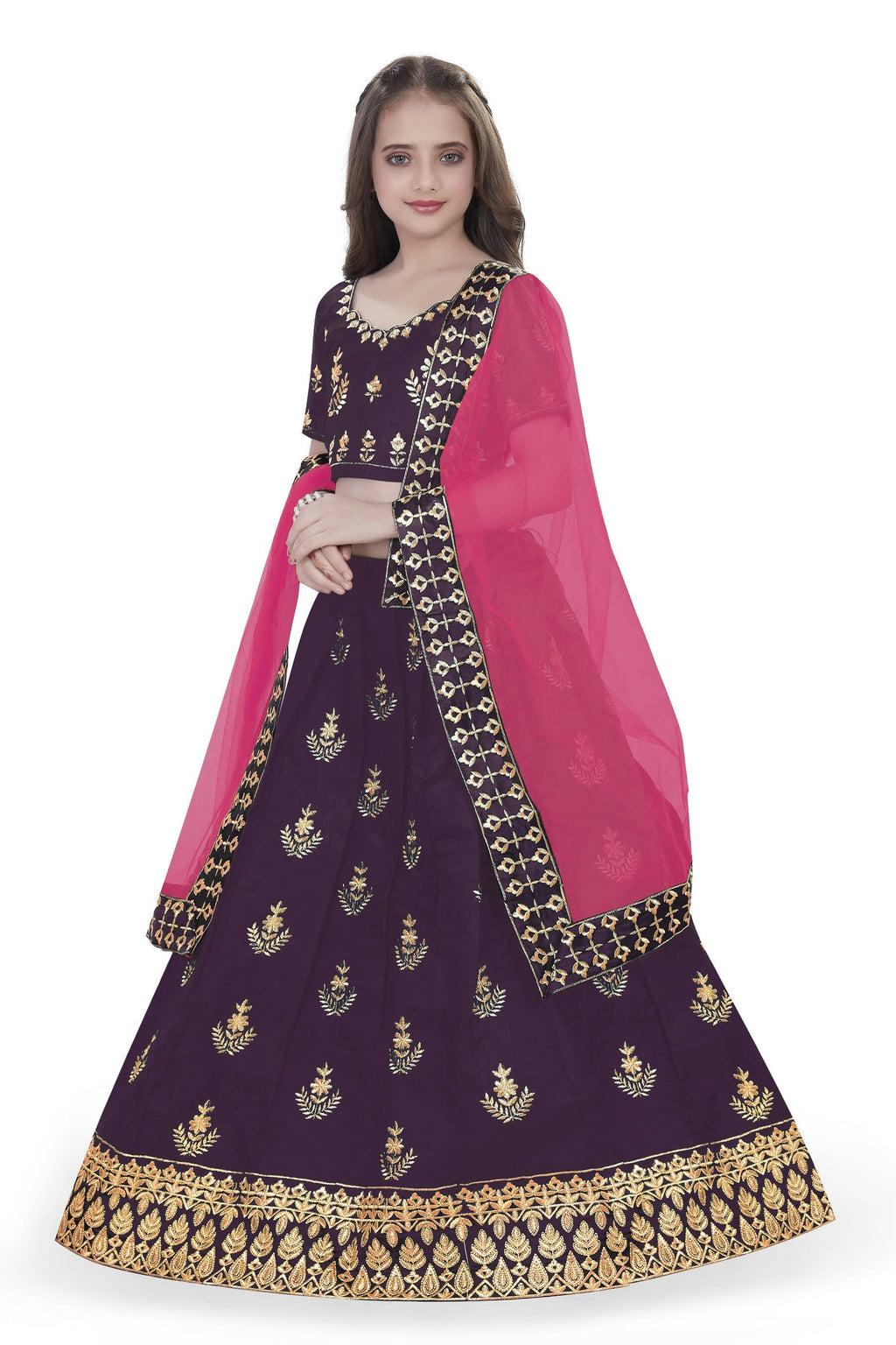 Dwiden Purple Kamal Tafetta Sattin Semi-Stitched Girl's Lehenga Choli