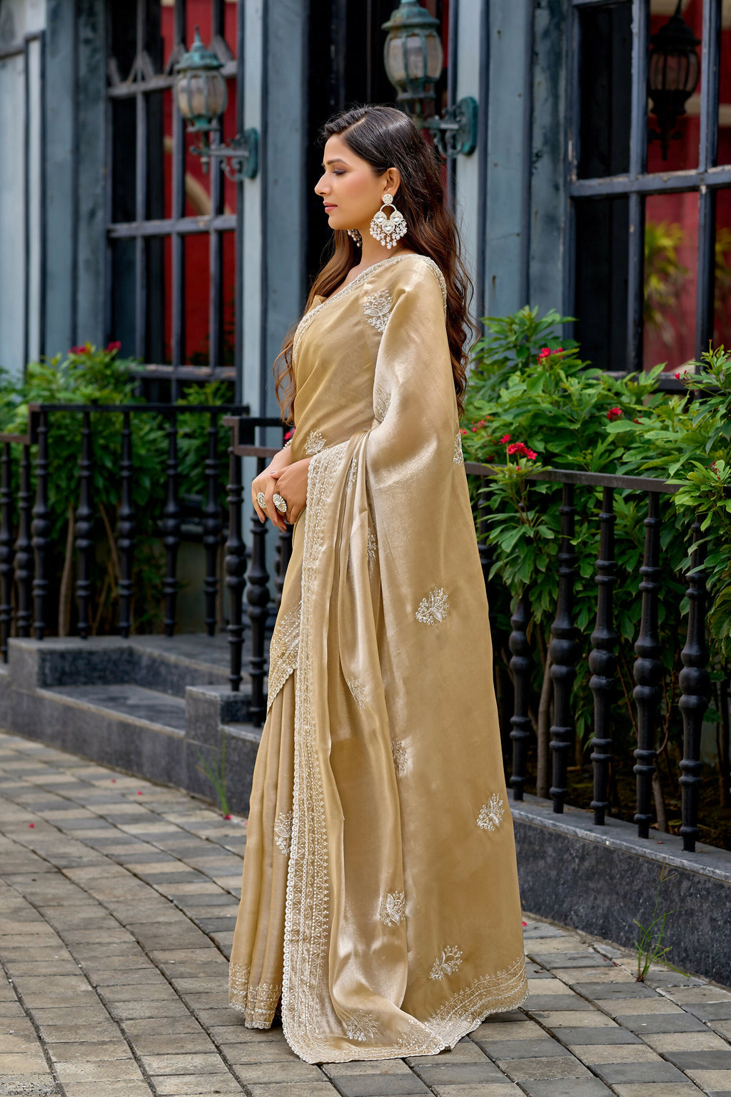 Vastranavya Beige Embroidery Work Shimmer Chiffon Saree with Unstitched Blouse - Distacart