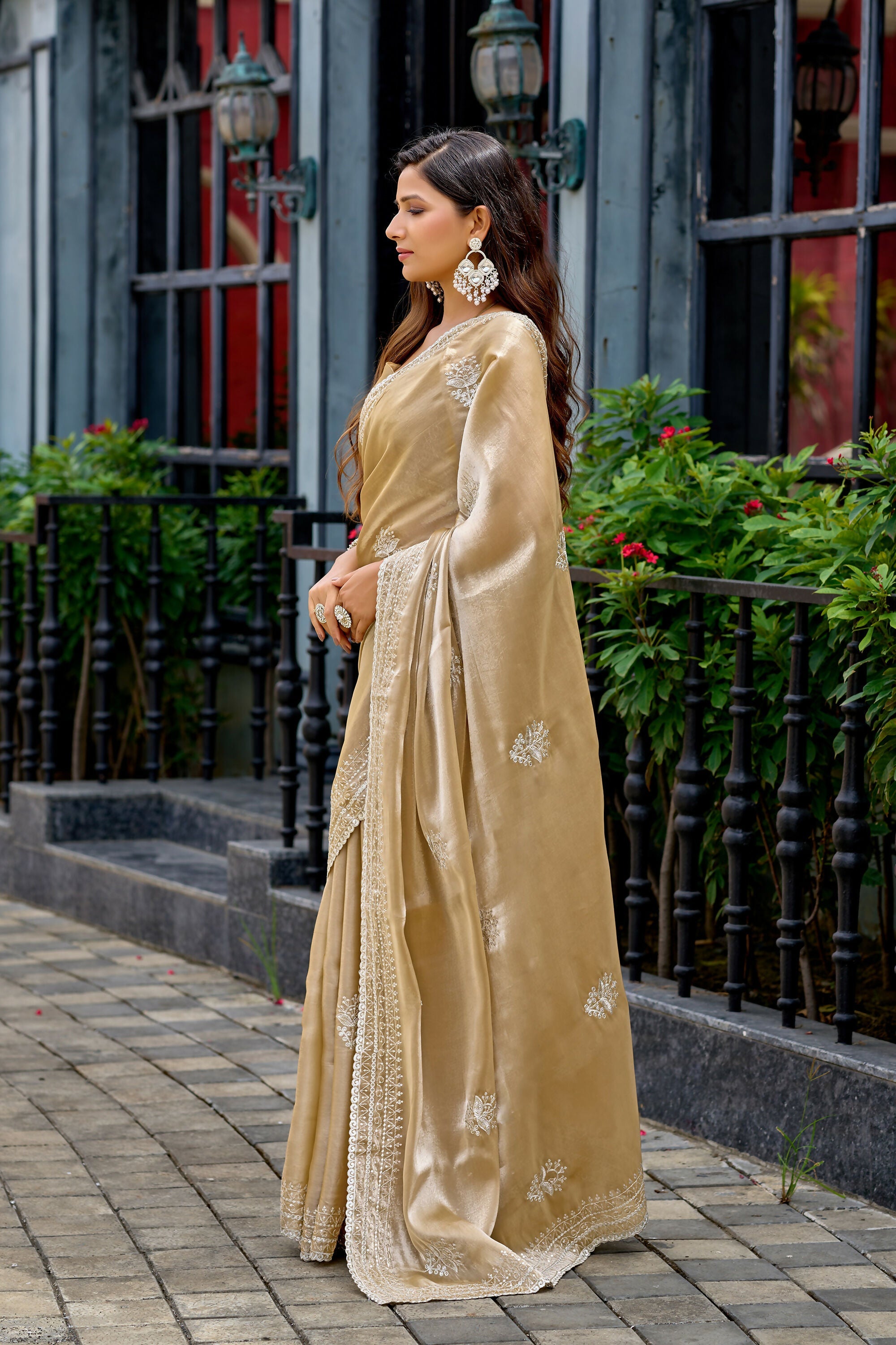 Vastranavya Beige Embroidery Work Shimmer Chiffon Saree with Unstitched Blouse - Distacart