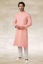 Raivat Ethnic Cotton Printed Work Kurta Pajama In Pink Colour