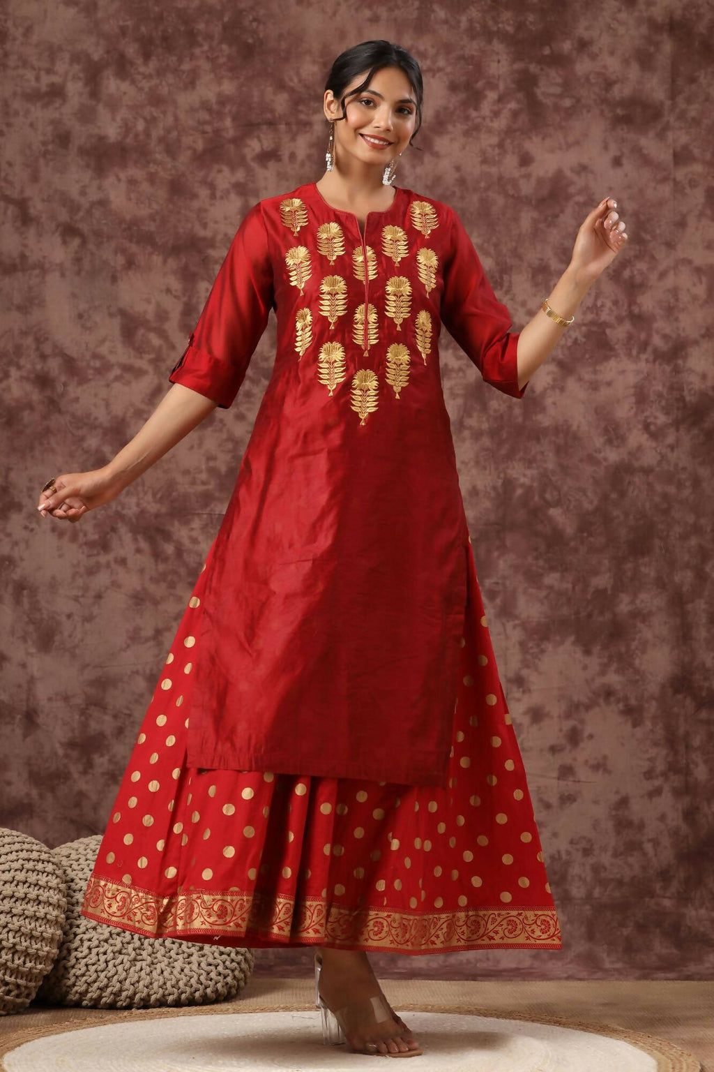 Juniper Women Maroon Chanderi Silk Embroidered & Printed Layered Dress - Distacart
