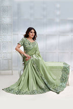 Pista Green Tusser Silk Cord & Sequence Embroidered with Stone work Saree - Mohmanthan Majestica