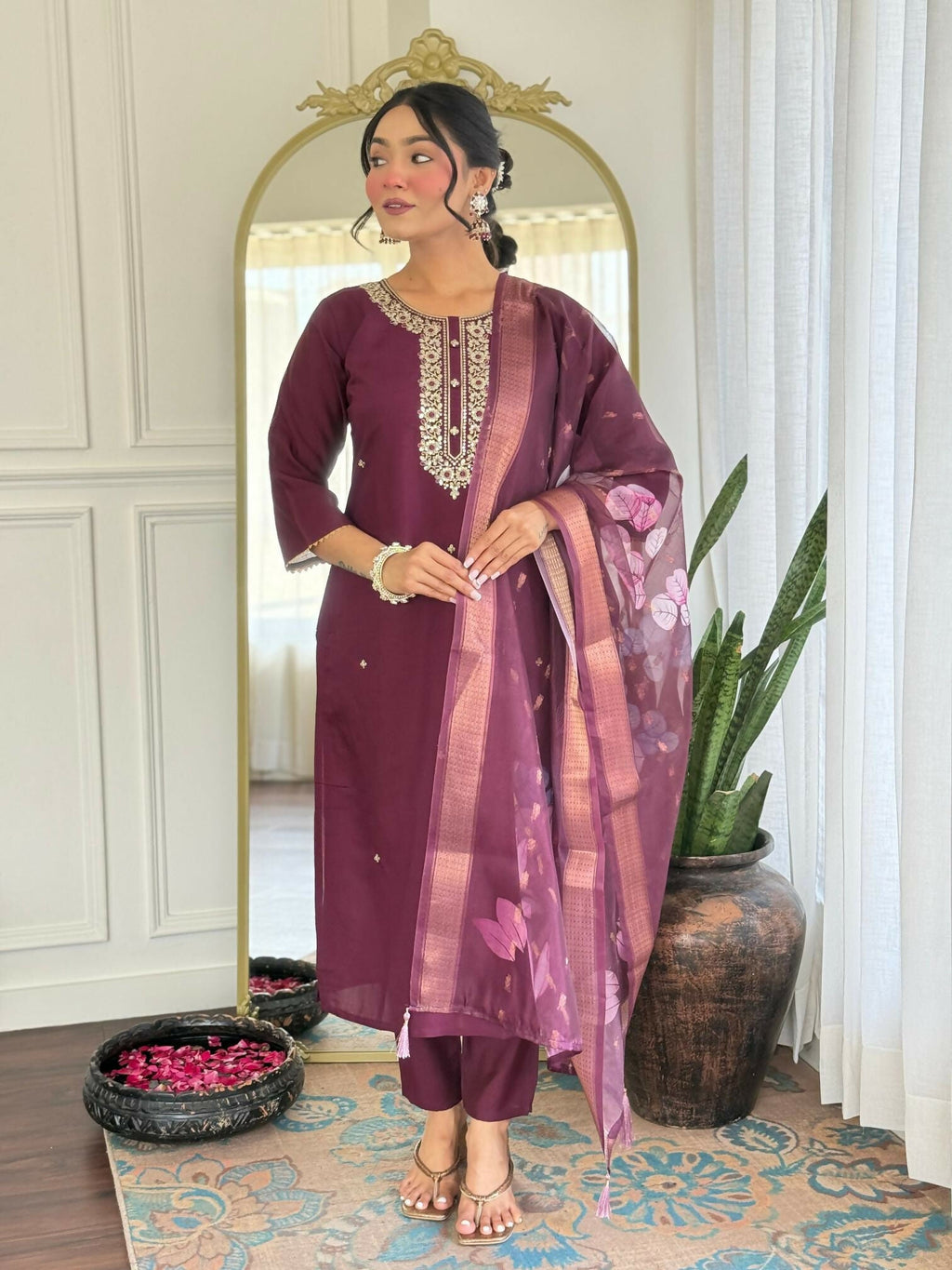 The52 Wine Women's Gorgeous Rayon Fabric Embroidered Work Straight Kurta Pant and Dupatta Set - Distacart
