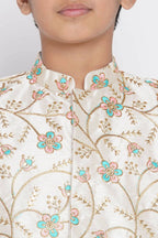 Little Bansi Banarsi Silk Pink Blue Floral Embroidery Jacket with Cotton Kantha kurta and Kantha Pyjama - Cream