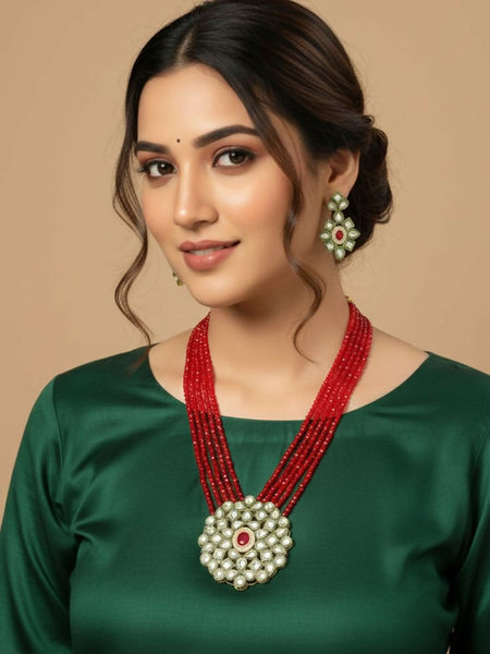 NVR Women Gold Plated Red Kundan Jewellery Set