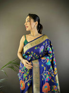 Joban Fashion Blue Zari Woven Floral Motifs Soft Silk Paithani Silk Saree - Distacart