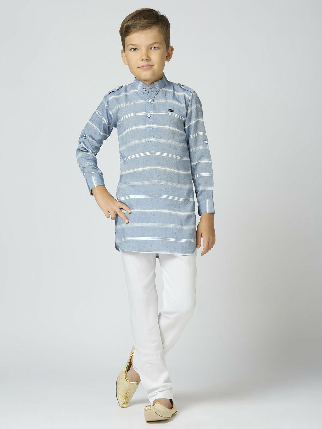 Joban Fashion Kids Island Full Sleeves Cotton Kurta and Pyjama Set with Strip - Blue - Distacart