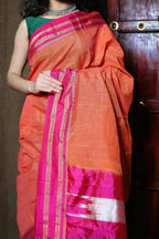 Very Much Indian Handloom Cotton Viscose Ilkal Saree With Pure Resham Pallu - Orange - Distacart