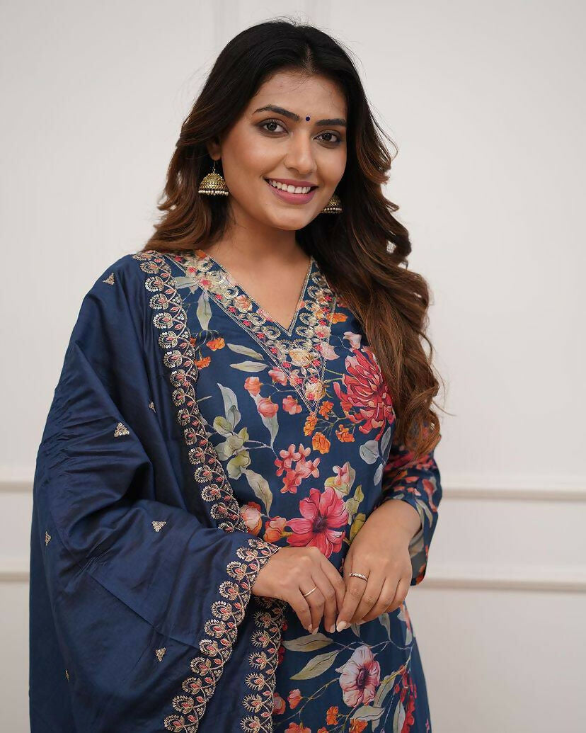 The52 Blue Women's Gorgeous Printed Pure Russian Silk Fabric Straight Kurta Pant with Dupatta Set - Distacart