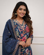 The52 Blue Women's Gorgeous Printed Pure Russian Silk Fabric Straight Kurta Pant with Dupatta Set - Distacart