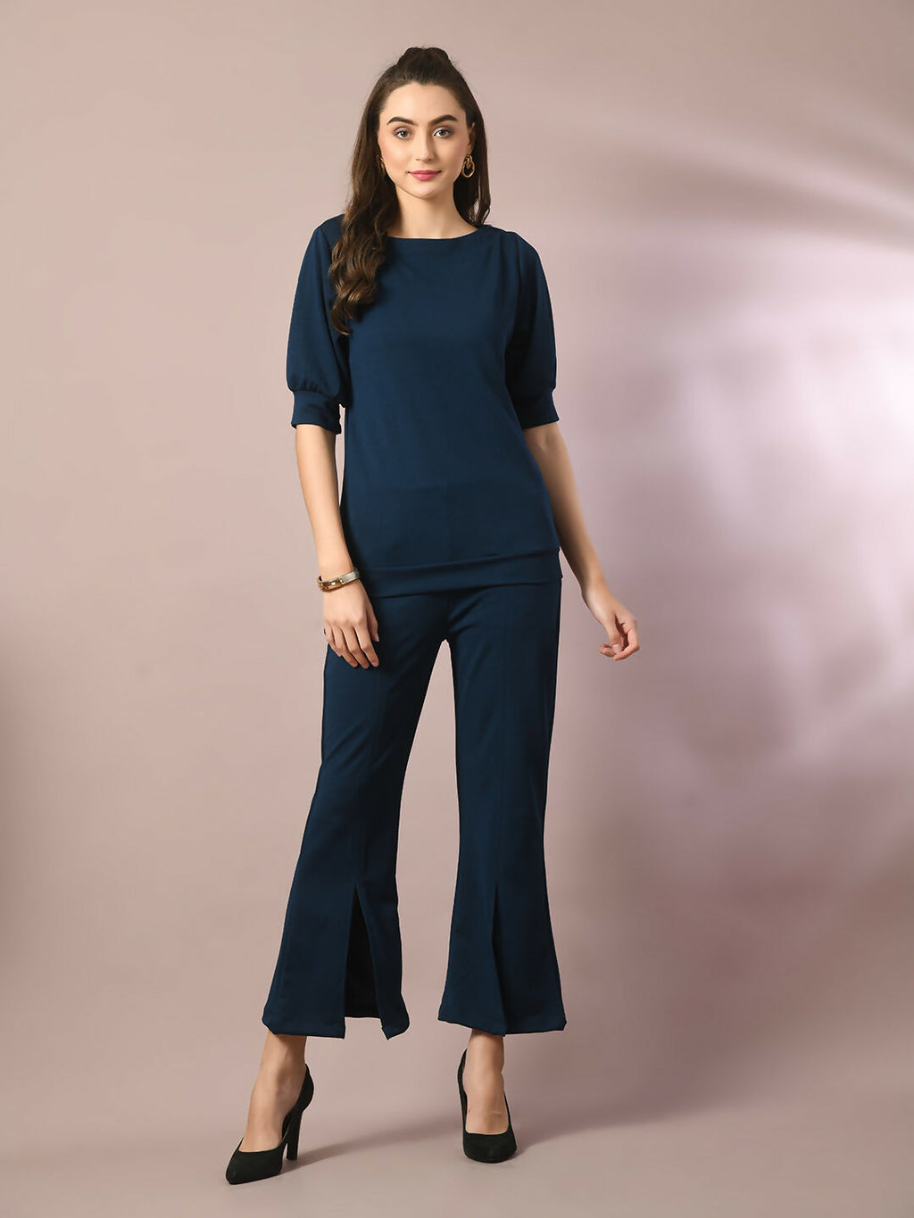 Myshka Women's Blue Solid Boat Neck Party Top