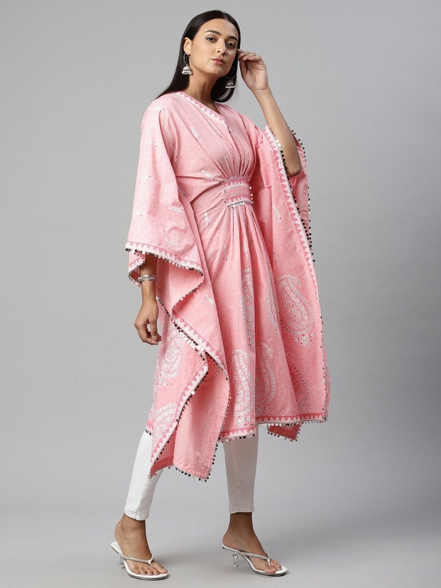 Ahalyaa Women Pink Pure Cotton Printed Kaftan Kurta