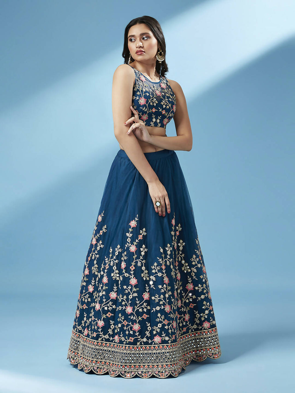 House of Panchhi Teal Net Semi stitched Coding and Mirror Work Lehenga Choli