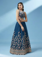 House of Panchhi Teal Net Semi stitched Coding and Mirror Work Lehenga Choli