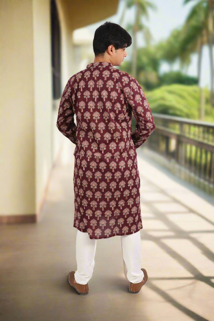 Souchii Men Burgundy Pure Cotton Ethnic Motif Printed Straight Kurta