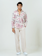 Miravan Men's Pure Cotton Light Pink Bird And Floral Printed Full Sleeve Slim Fit Shirt