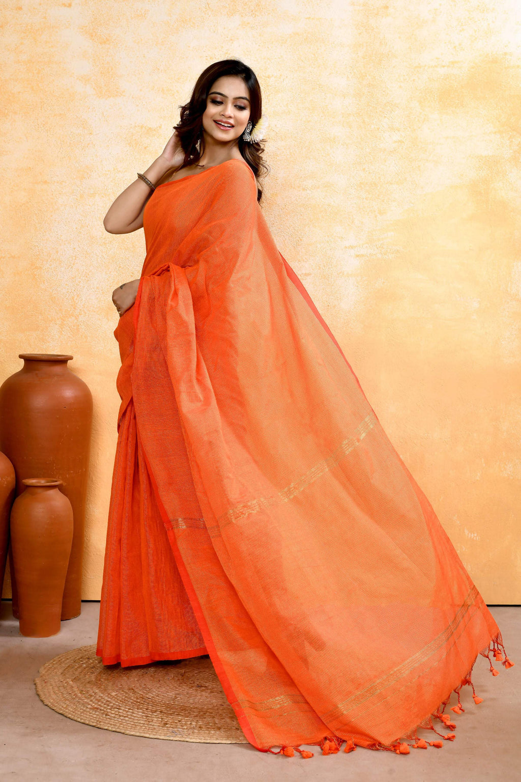 Piyari Fashion Women's Orange Embellished Cotton Blend Zari Check Handloom Saree - Distacart