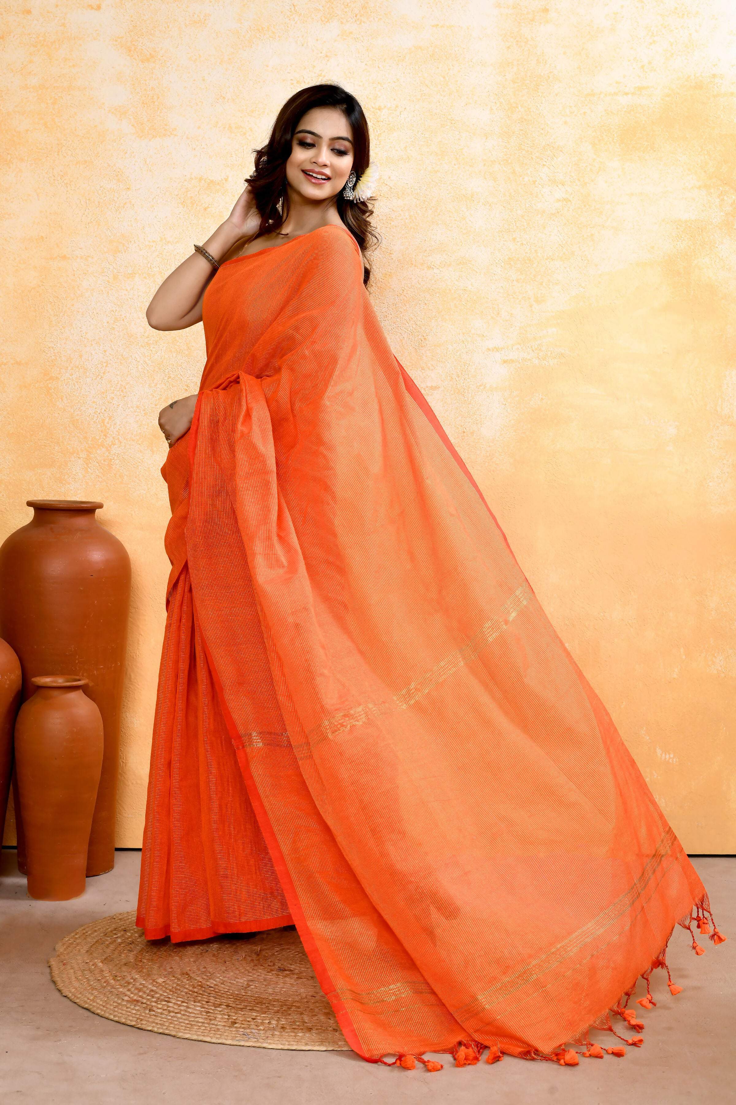 Piyari Fashion Women's Orange Embellished Cotton Blend Zari Check Handloom Saree - Distacart