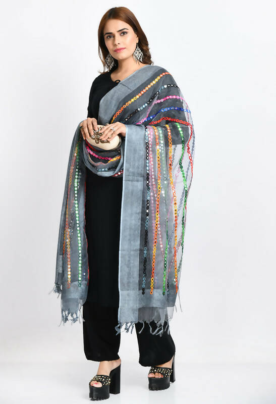 Mominos Fashion Moeza Women's Orgenza Multi Thread Mirror Work Grey Dupatta - Distacart