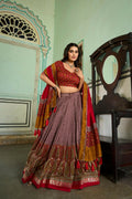 Vastranavya Kashmiri Print With Foil Print Lehenga With Unstitched Printed Blouse - Onion