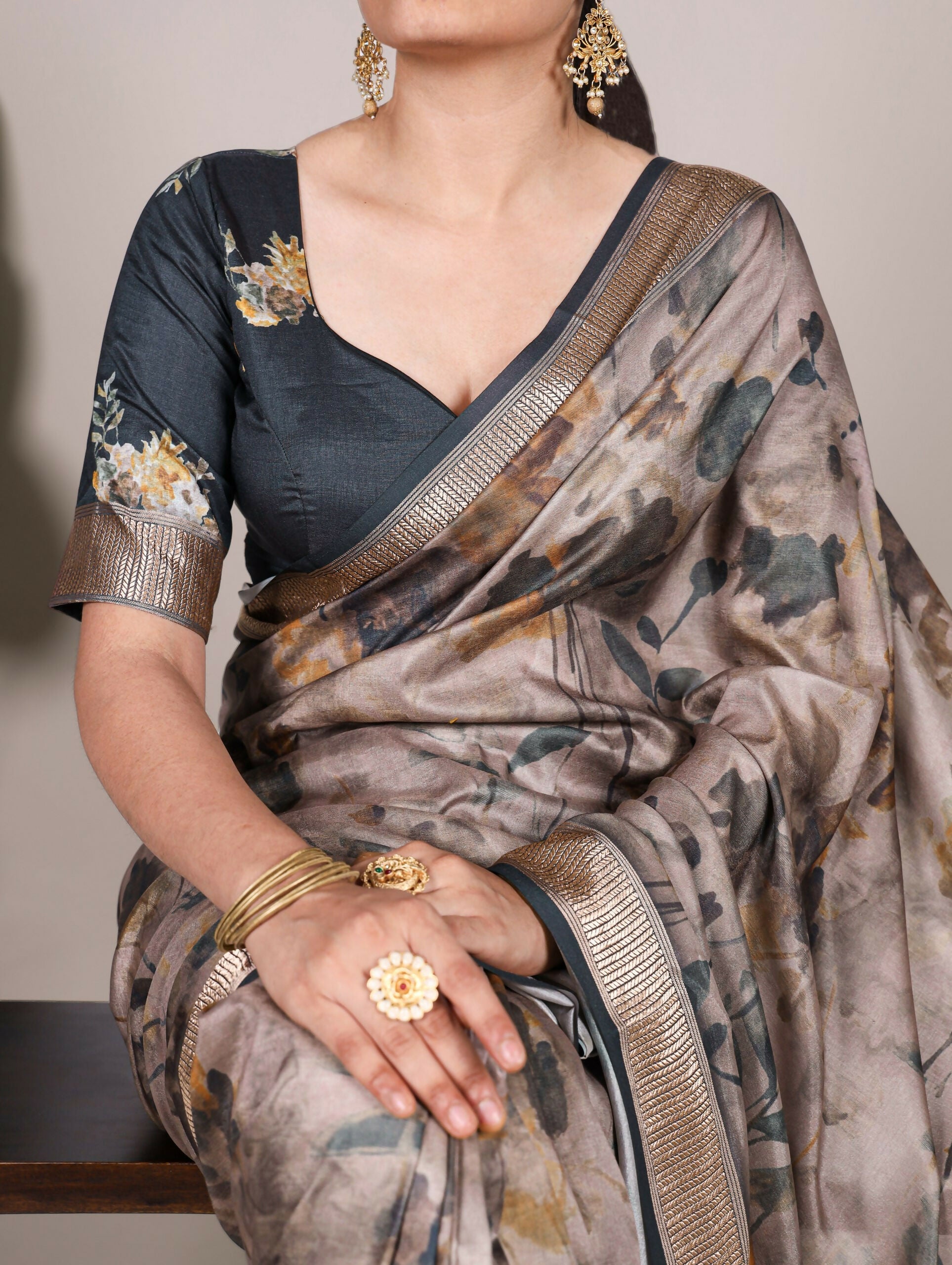 Vastranavya Mehendi Tussar Silk Printed with Viscose Border Saree with Unstitched Blouse - Distacart