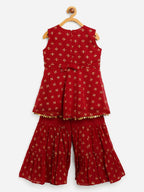 Ahalyaa Maroon Georgette Gold Foil Print Kids Peplum style Kurta Sharara Set With Dupatta For Girls